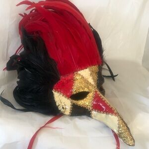 Harlequin feathered mask black & white for Carnival handcrafted by Maskerville